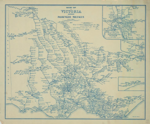 1927 railway map showing lines throughout Victoria in blue on a faded white background.
