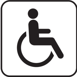 An icon showing a person in a wheelchair in black against a whitebackground with a black border and rounded corners