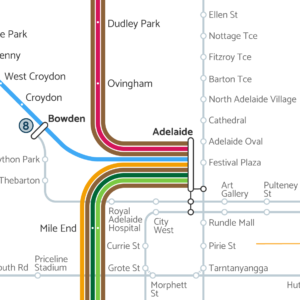 Zoomed in inset of Adelaide heavy and light rail fantasy map proposed for 2050 centred on Adelaide Station
