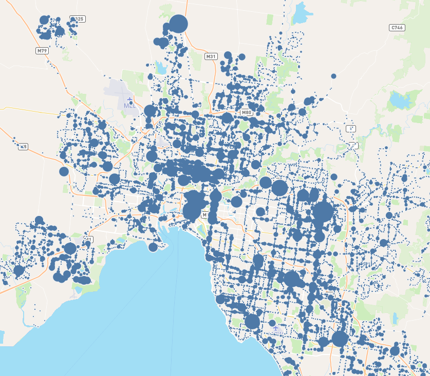 Screenshot of map showing blue dots against a street map of Melbourne with larger dots representing more people using a bus stop and smaller sizes for fewer people