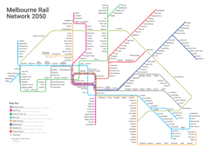 Schematic map showing Melbourne's rail network as it might look like 2050 with different colours for each line